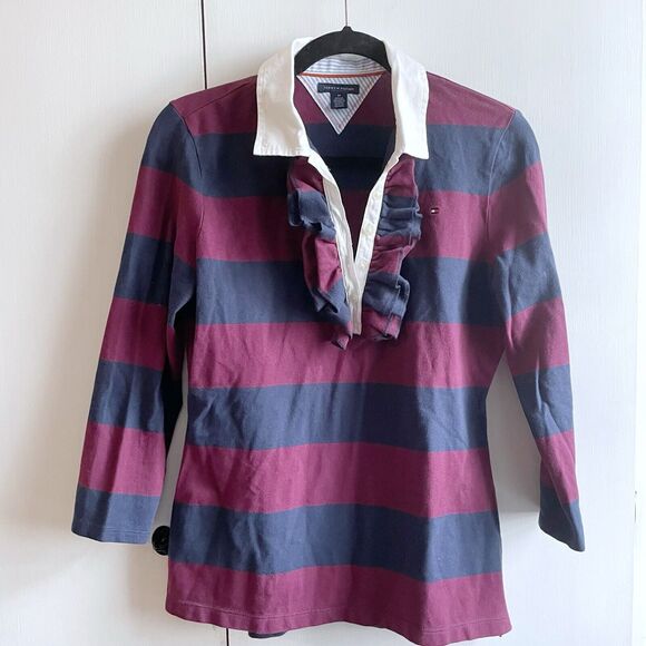 Tommy Hilfiger Rugby Polo Shirt Women’s M Ruffles Red Blue Striped 3/4 Sleeve - Picture 1 of 5